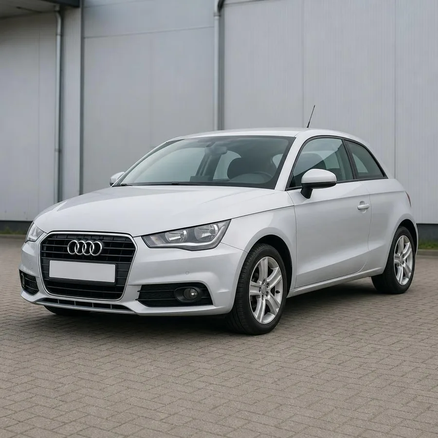 Silberner Audi A1 vor einer Werkstatthalle